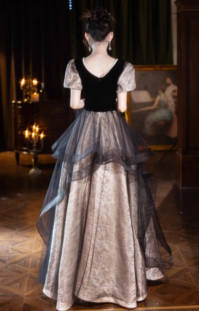 Charming Patchwork Prom Dress ,A-Line Square Puff Sleeves Elegant Maxi Evening Dress RS1026