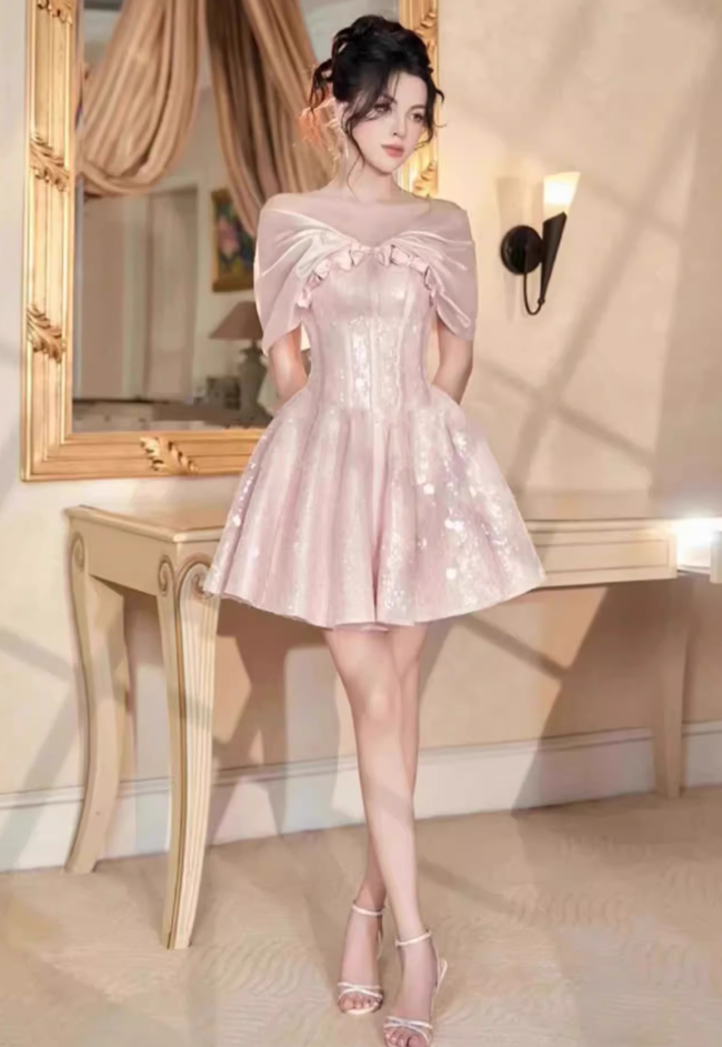 French one-shoulder pink satin banquet birthday party short slim dress dress homecoming dress R2969
