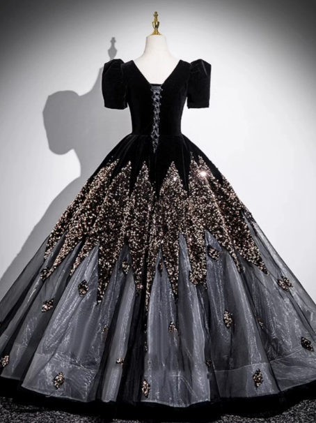 Gorgeous Black Sequins Quinceanera Dress,Ball Gown V-neck Elegant Maxi Evening Dress RS1028