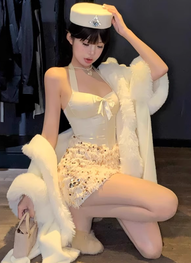 Pure desire design halter neck waist dress 2025 large size sequin hip skirt R1344