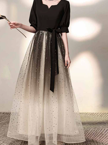 Charming Gradient Sequins Prom Dress,A-Line Square Puff Sleeves Maxi Evening Dress RS1031