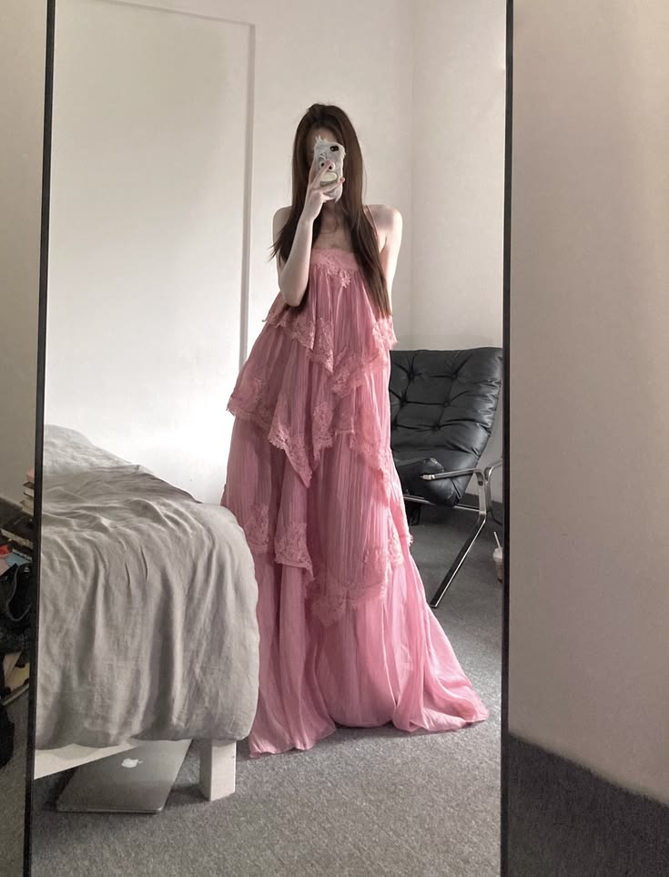 Girlish Flowy Ruffled Women's Prom Gown Pink Waist Fitted Maxi Evening Dress Birthday Dress — Fall Outfit 2026 New RS3233