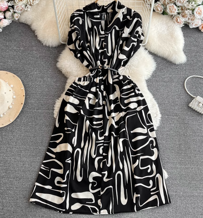 Beach vacation long dress gentle style short sleeves V-neck waist medium length A-line plaid dress R0358