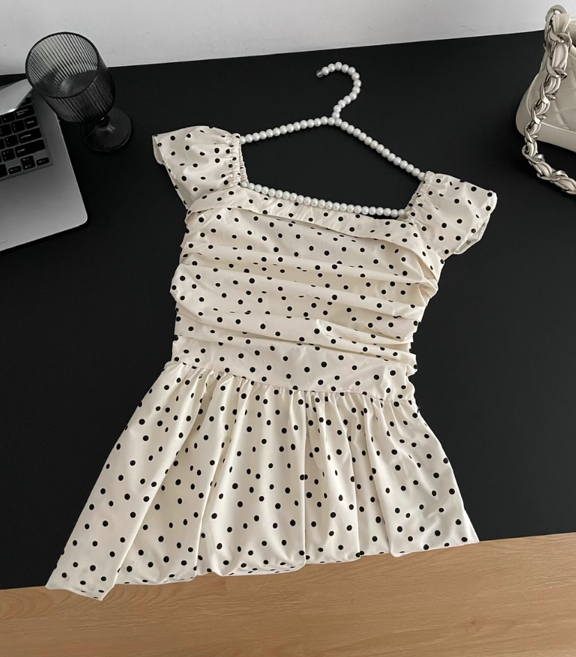 French style small flying sleeve polka dot dress temperament slim long skirt design R2052