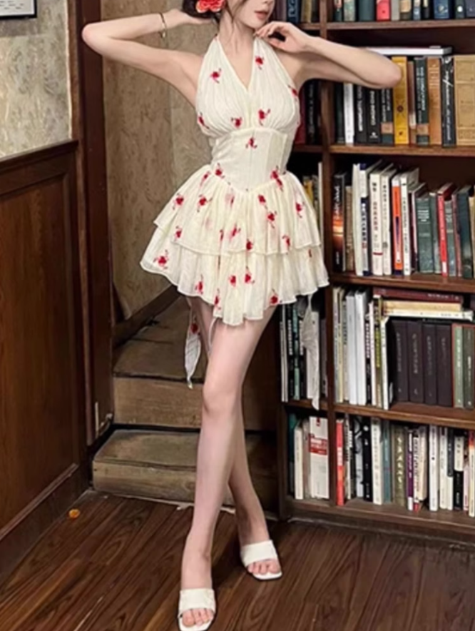 Pure desire design halter neck floral dress 2025 sexy backless waist A-line short skirt R1086