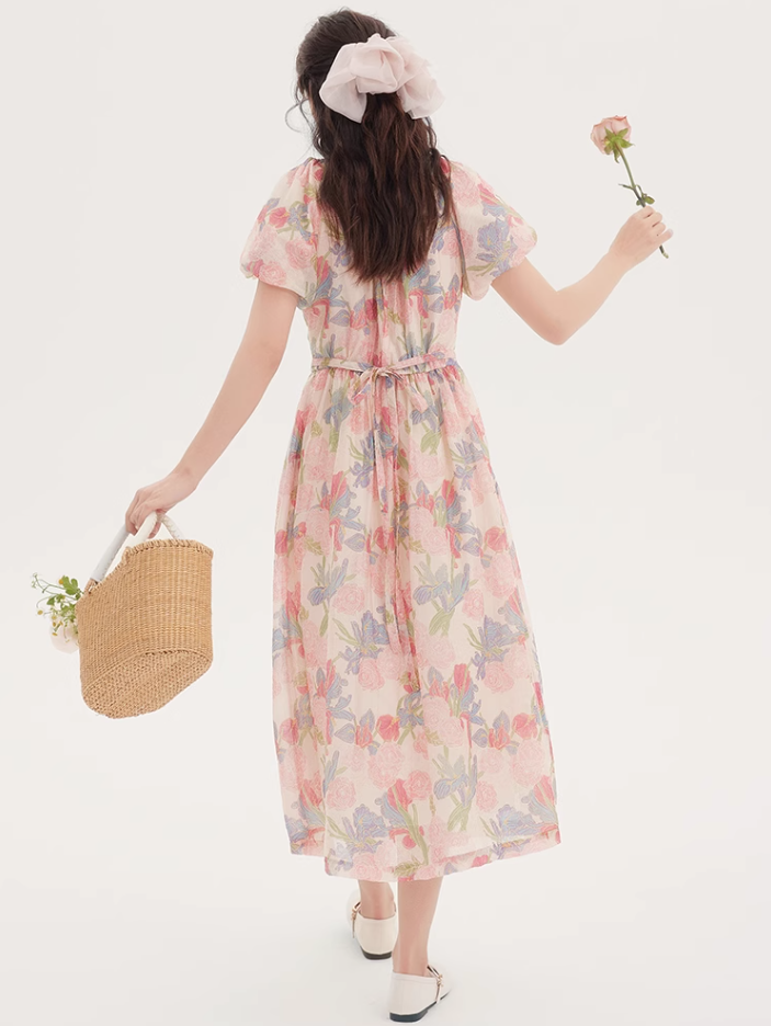 Tea break French beautiful dress 2025 new floral dress waist temperament long dress R2388