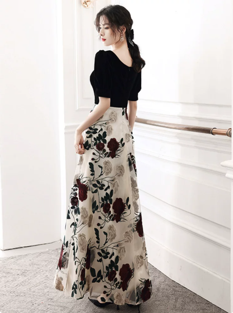 Charming Patchwork Prom Dress for Women,A-Line Square-neck Floral Pattern Maxi Evening Dress RS1032