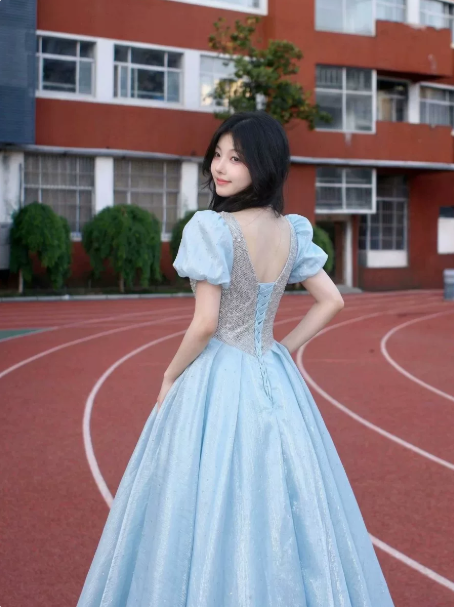 Glitter Pale Blue Beaded Prom Dress for Women,A-Line Sweetheart Puff Sleeves Maxi Evening Dress RS1037