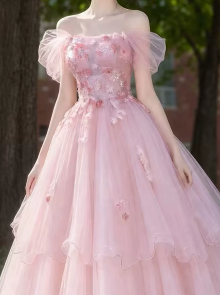 Sweet Blush Pink Prom Dress,A-Line Bateau Puff Sleeves Applique Maxi Quinceanera Dress RS1038