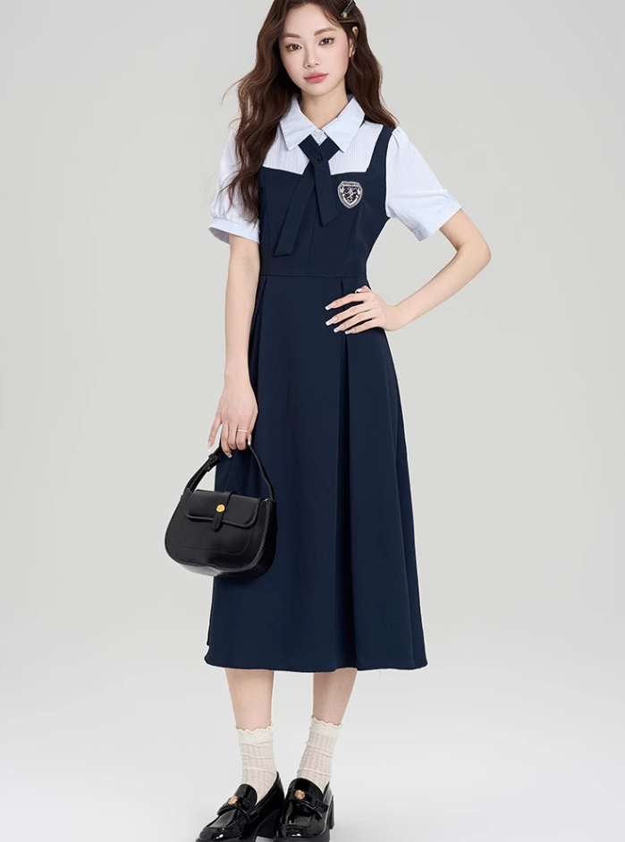 College style outfit waist temperament commuting fake two-piece dress R2393