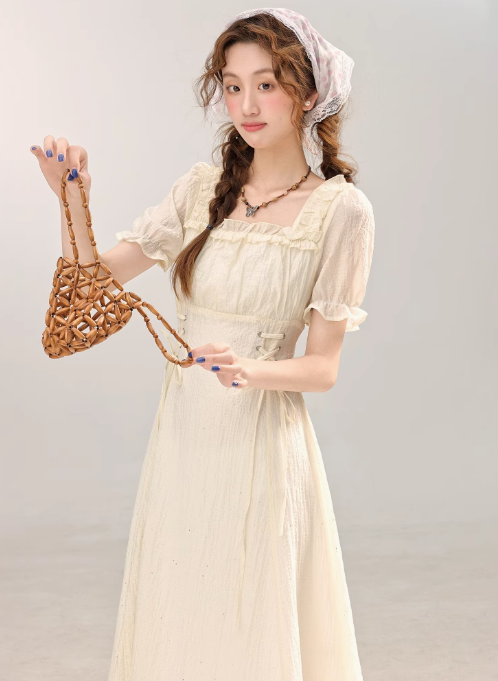 French style gentle waist apricot dress beautiful summer skirt R1922
