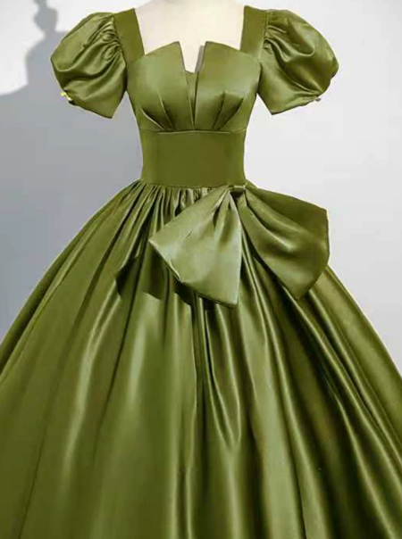 Elegant Bud Green Prom Dress,A-Line Square-neck Puff Sleeves Satin Corset Maxi Evening Dress RS1040