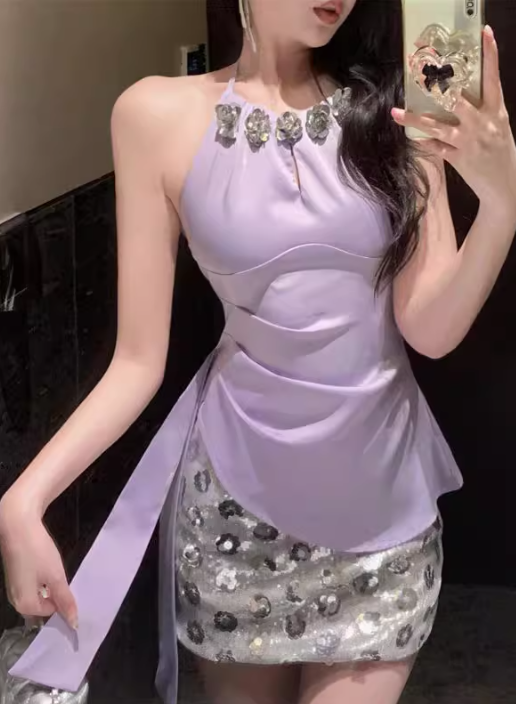 2025 Sleeveless Halter Neck Ribbon Top with Flower Sequins Hip Skirt Set R1385