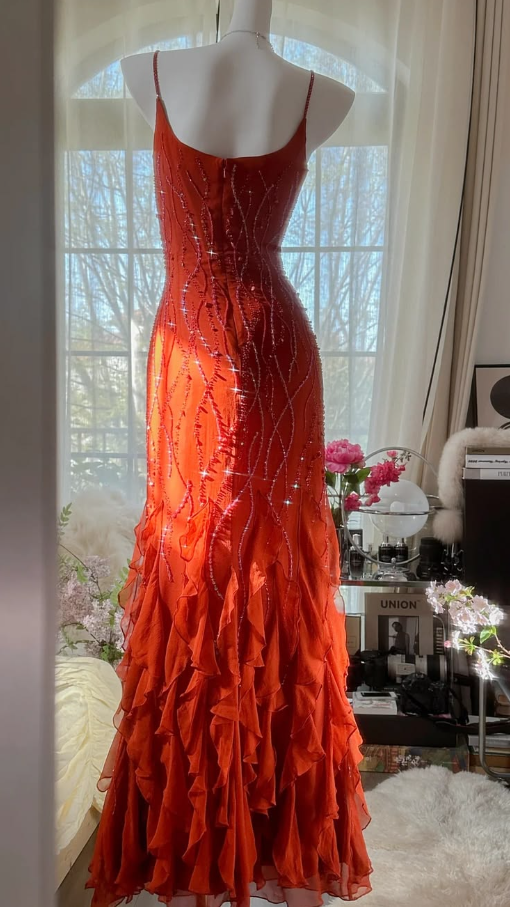 Bright Orange Beaded Prom Dress,Mermaid Spaghetti Straps Pleated Corset Maxi Party Dress Cami Dress RS1044