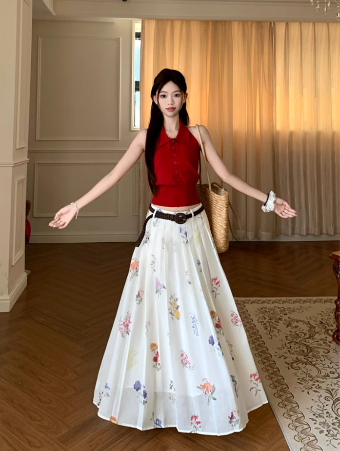 Date suit red sleeveless backless sweater printed skirt rich feeling outfit two piece suit R1744