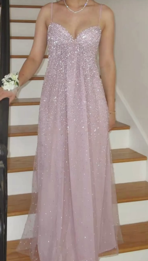 Glitter Gentle Tulle Prom Gown , Blush Pink Women's Maxi Evening Dress Birthday Dress RS2698