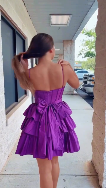 Purple suspender waist cake skirt homecoming dress R5542