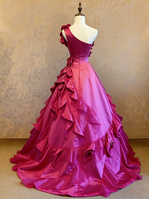Rose pink one-shoulder fitted waist slim-fit ball gown/bridal dress R7225