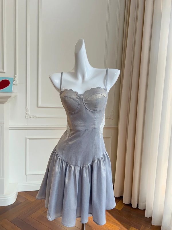 Gray suspender waist slim temperament short skirt homecoming dress R5183