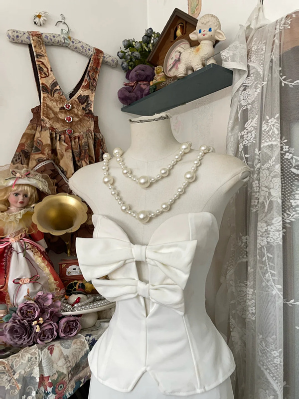 White tube top waisted top hip fishtail elegant long skirt ball gown R6134