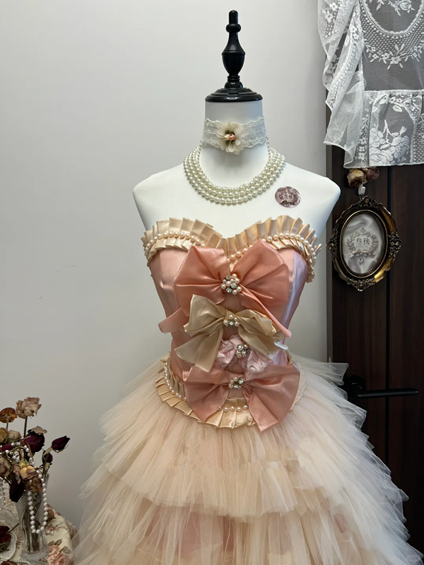 Pink tube top three-dimensional flower waist cute cake tulle skirt short skirt homecoming dress R4271