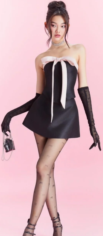 Black tube top waist neckline bow design top A-line short skirt dress suit homecoming dress R4880