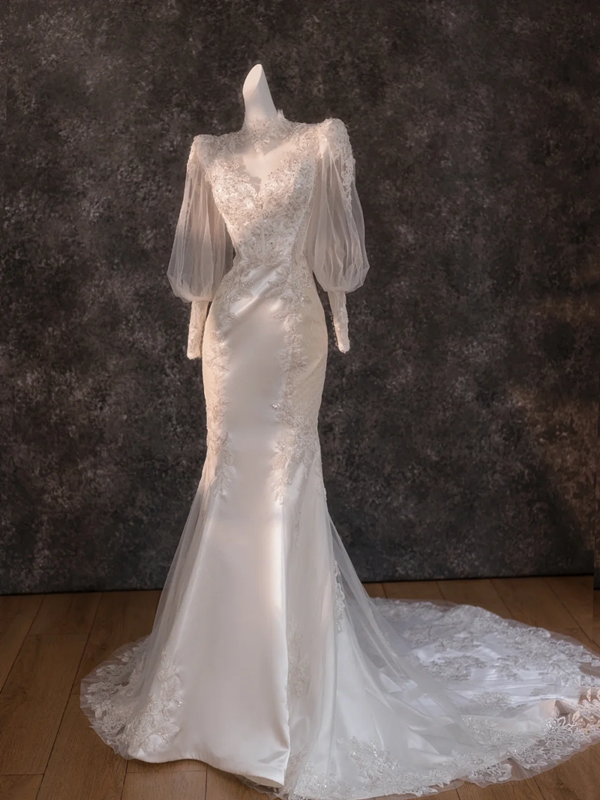 White elegant long sleeve slim waist maxi bridal dress R5780