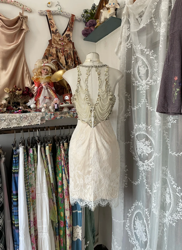 Champagne-colored sleeveless beaded fitted short ball gown R6373