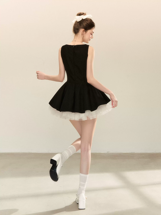 Coquette Bow Square Neck Flounce Dress with Sheer Tulle Layer R9216