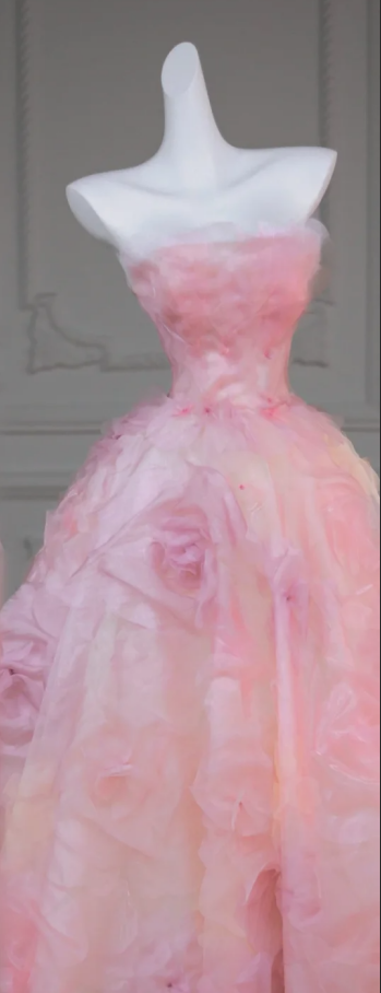 Pink Strapless Floral Waist Slim Fit Puffy Skirt Long Bridal Dress R5817