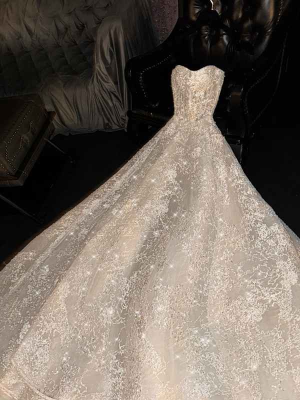 Light apricot strapless, fitted waist, A-line, full skirt, long ball gown/bridal dress R8710
