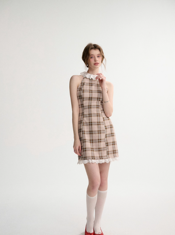 French halter neck dress summer petite outfit short skirt suspender skirt dress female spring R3528