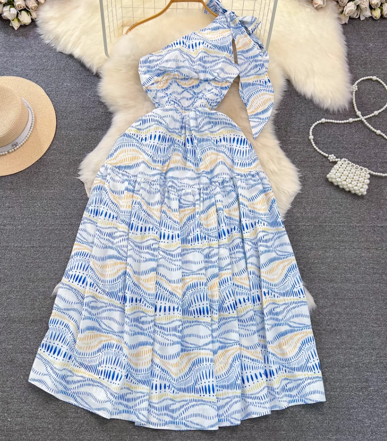 Light luxury temperament oblique collar off-shoulder waist A-line print large swing dress elegant long skirt R0393