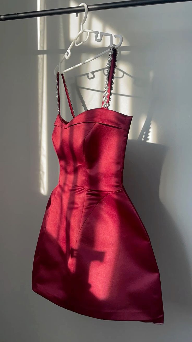 Red suspenders waist slim A-line short skirt homecoming dress R3405