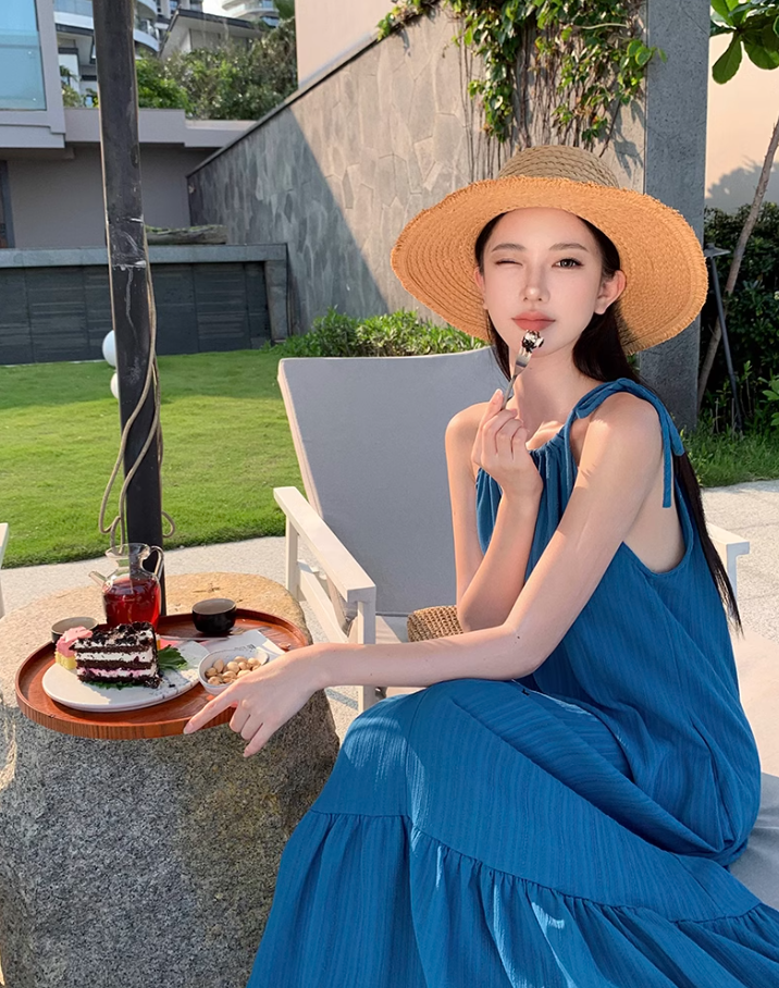 Bohemian retro blue white sling fishtail dress holiday style seaside beach dress sling dress long skirt R0196