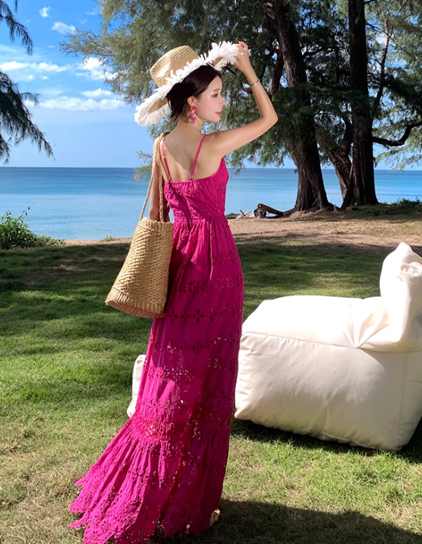 French retro heavy hollow flower embroidery design rose red suspender dress waist lace long skirt R0205