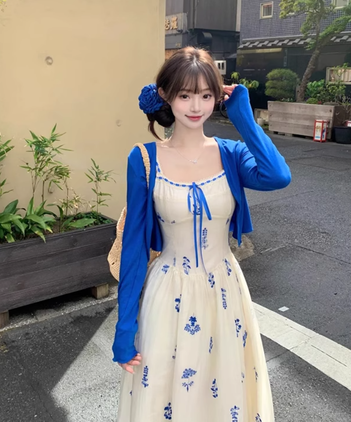 Large Size French Pure Contrast Embroidery Suspender Dress Cardigan Holiday Long Dress R1878