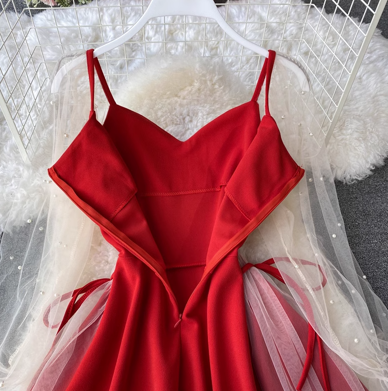 2025 Puff Sleeve V-Neck Low-cut Mesh Beaded A-Line Skirt Short Sleeve Slim Waist Midi Dress R0409