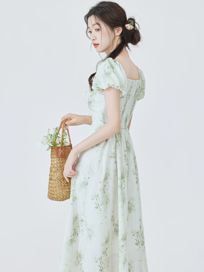 French floral dress new tea break beautiful dress waist long dress temperament R2363