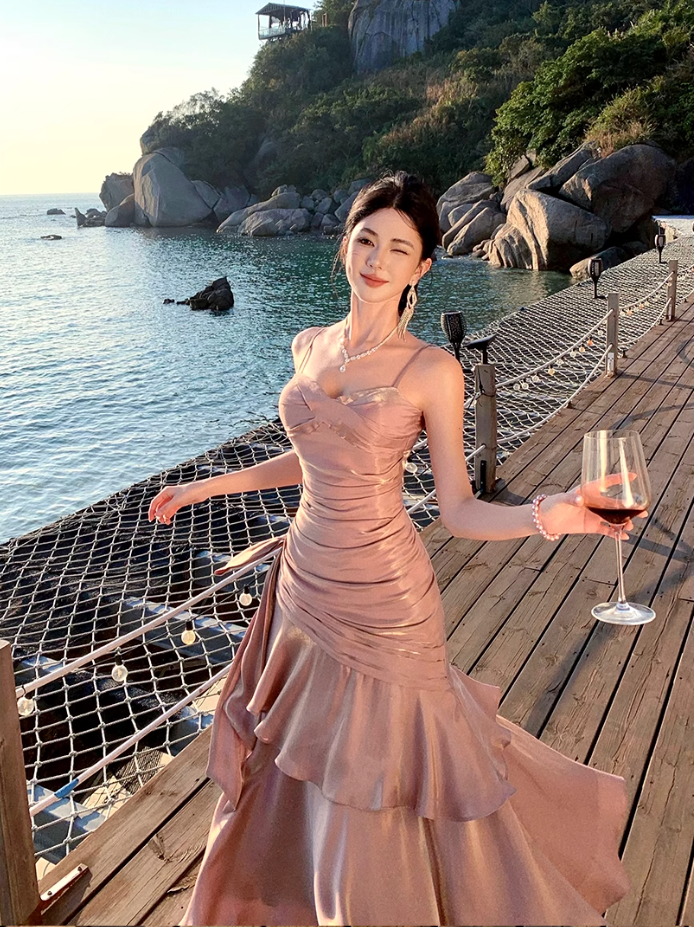 Fairy mermaid dress ruffled high-grade temperament red dress R1716