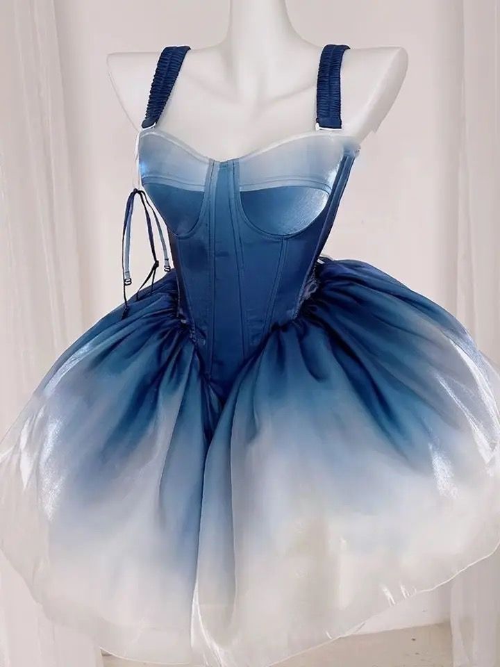 Blue Gradient Strap Elegant Princess Tutu Short Skirt Homecoming Dress R3532