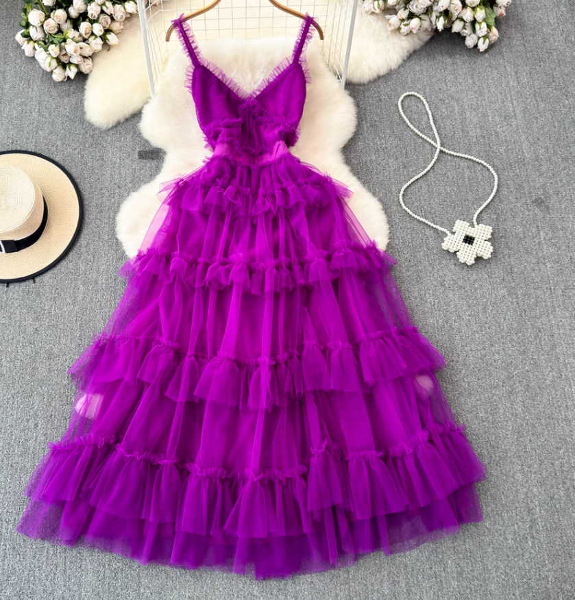 V-neck backless suspender dress waist a-line irregular mesh cake dress holiday long dress R0344