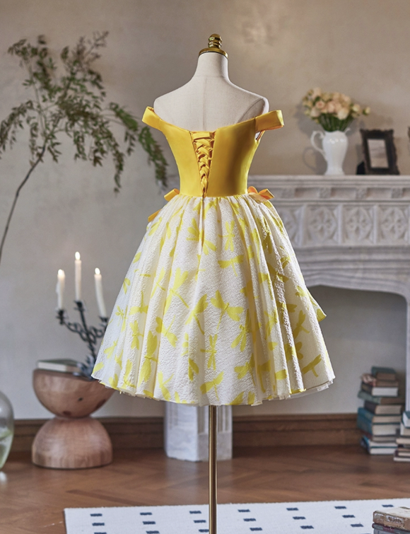 Vibrant Bright Yellow Homecoming Dress ,A-Line Bateau Bow-knot Corset Short Prom Dress RS811