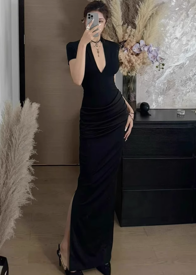 New Chinese style deep V flower dress 2025 Royal sister hip slit long skirt R1148