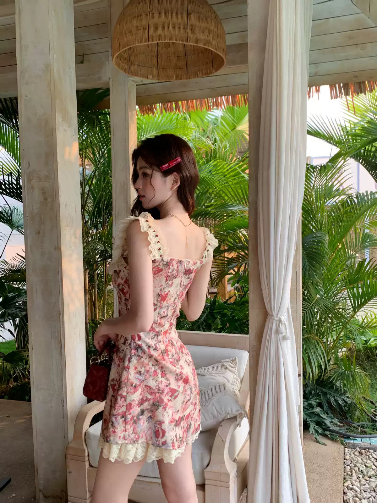 Red dress with lace trim R9089