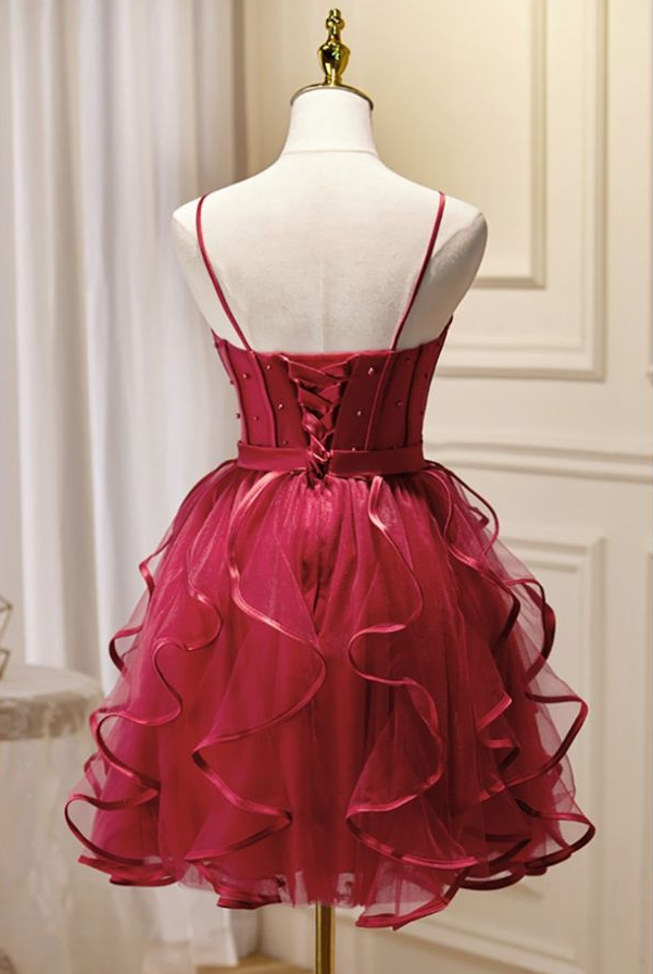 Charming Red Homecoming Dress ,A-Line Spaghetti Straps Pleated Corset Short Prom Dress Cami Dress RS1064
