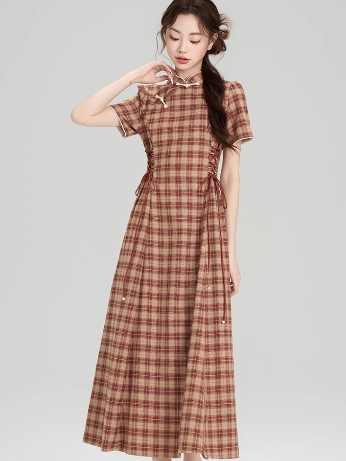 New Chinese style cheongsam dress new slim retro plaid long skirt R2407