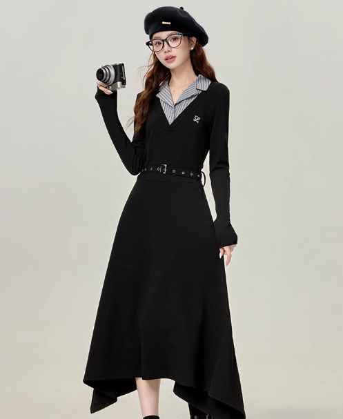 French Hepburn style black v-neck dress 2025 new irregular skirt R1932