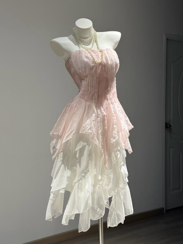 Gentle Pink and White Homecoming Dress ,A-Line Strapless Tiered Corset Prom Dress Party Dress RS1072
