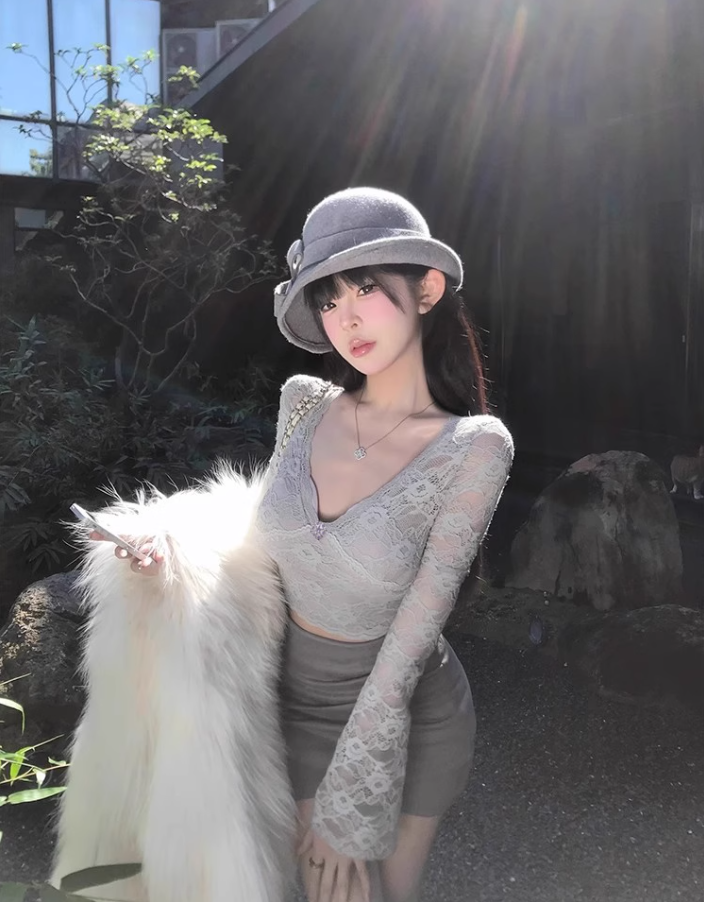 Pure desire hot girl V-neck lace bottoming top 2025 irregular hip skirt suit R1149